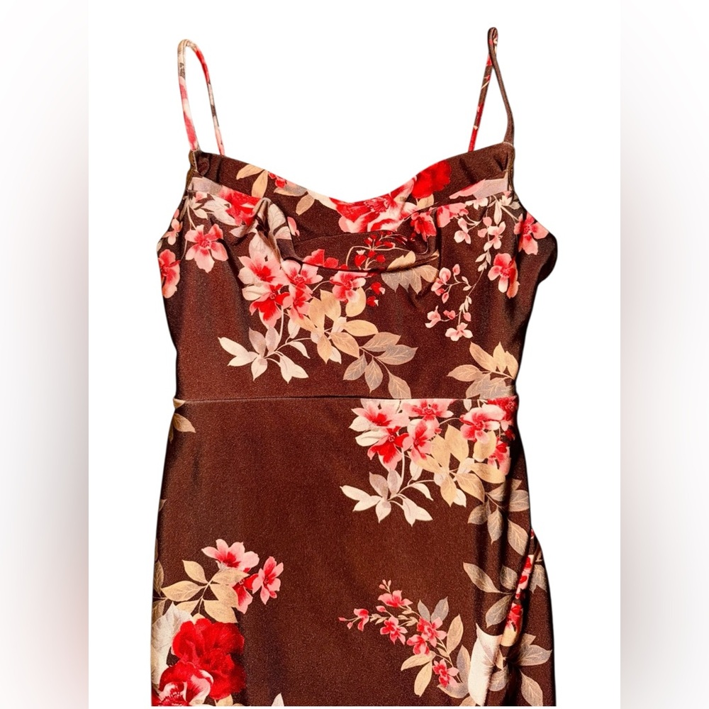 WINDSOR Holiday 2025 Floral Brown and Red Slip Midi Dress with Side Slit - Small